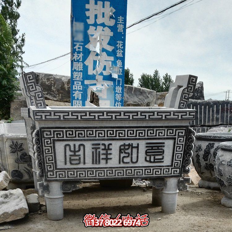 大理石石雕香爐擺件，古樸寺廟風情景觀