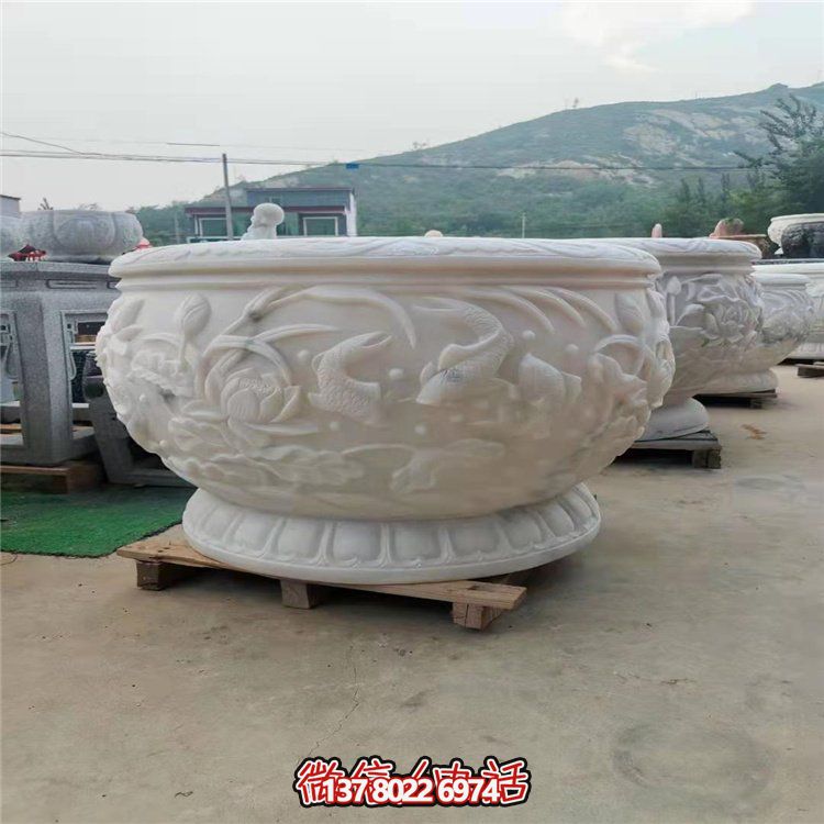 古典經典，漢白玉鯉魚雕刻圓形水缸