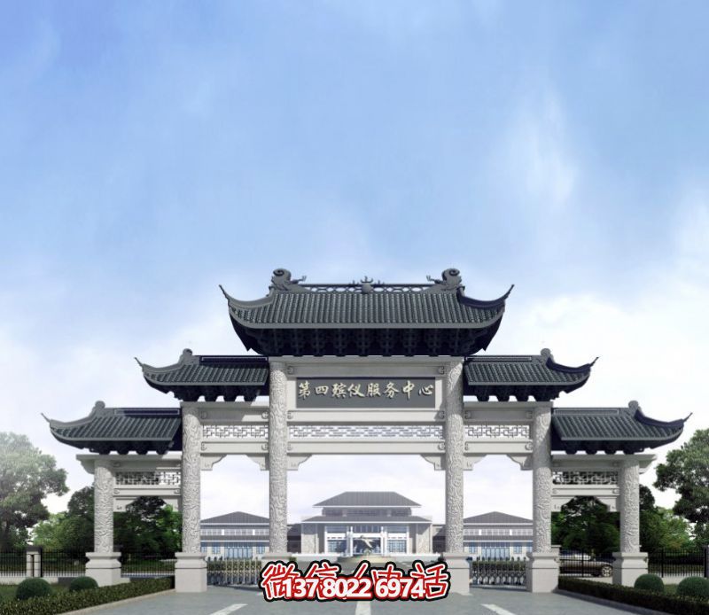 一座新式殯儀館五門景觀、青瓦斗拱、牌樓等高雅裝飾